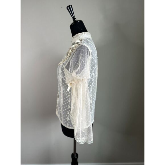 Vintage Women's Cream Lace Edwardian Inspired Sheer Lace Bell Sleeve Top Size S - Picture 5 of 8